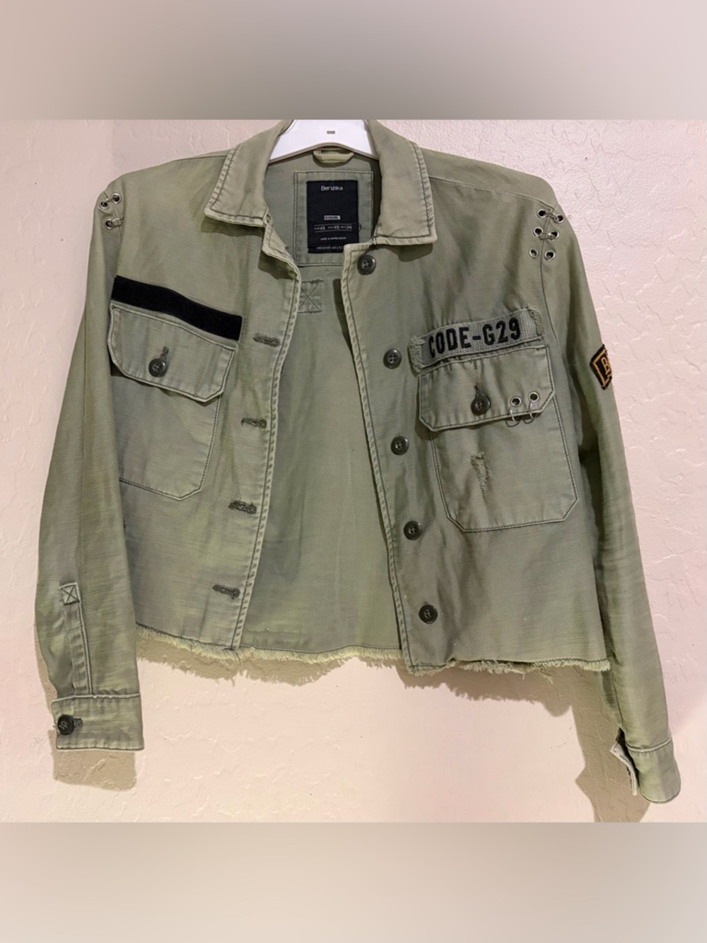 Bershka Cropped Utility Jacket Green Military Grunge Streetwear Size XS